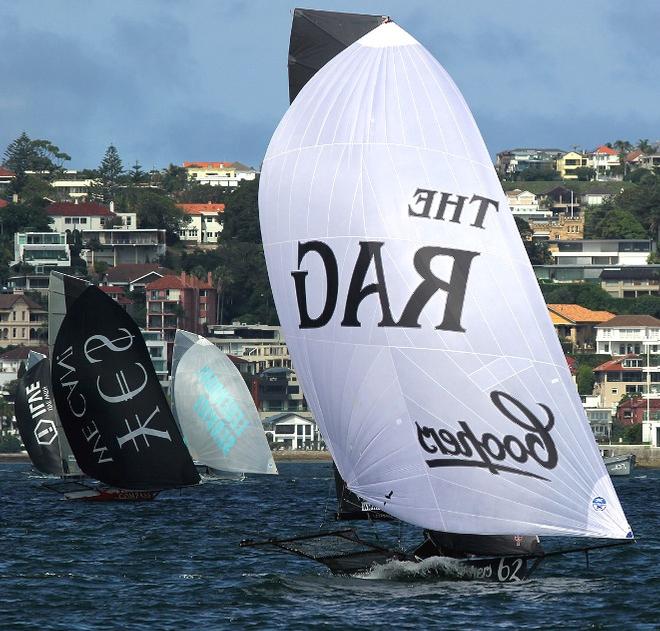 Coopers 62-Rag and Famish Hotel led the fleet over the first lap - JJ Giltinan 18ft Skiff Championship © Frank Quealey /Australian 18 Footers League http://www.18footers.com.au